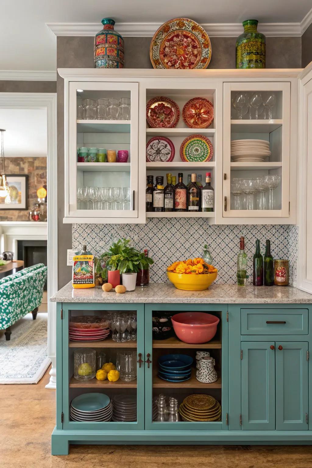 An eclectic mix of styles creates a unique bar cabinet.