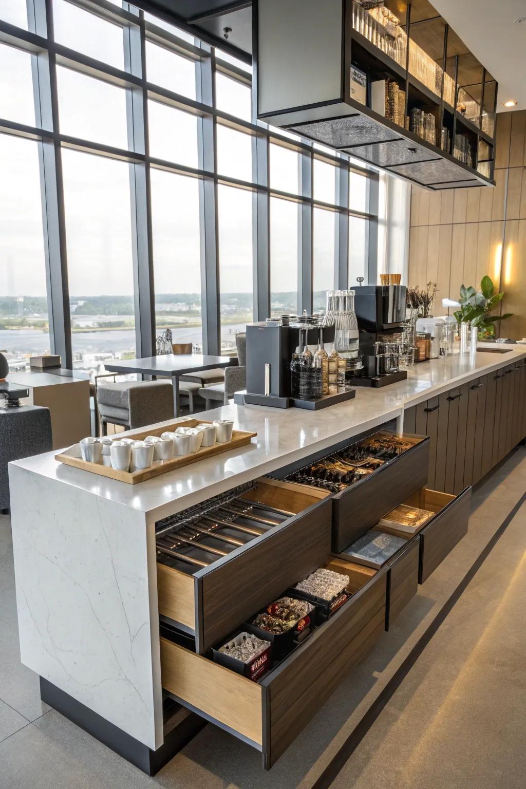 Hidden storage solutions keep your coffee bar neat and tidy.