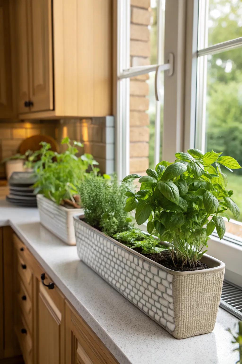 Fresh herbs at hand with aromatic herb planters.