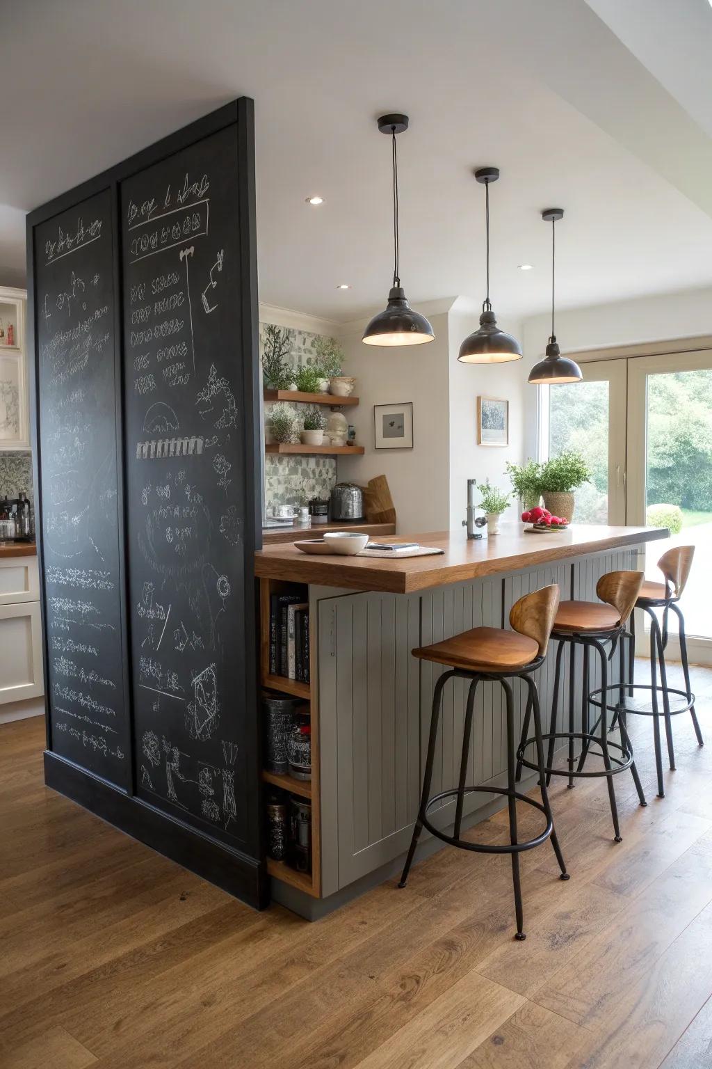 Chalkboard panels add a playful and practical element to kitchen islands.