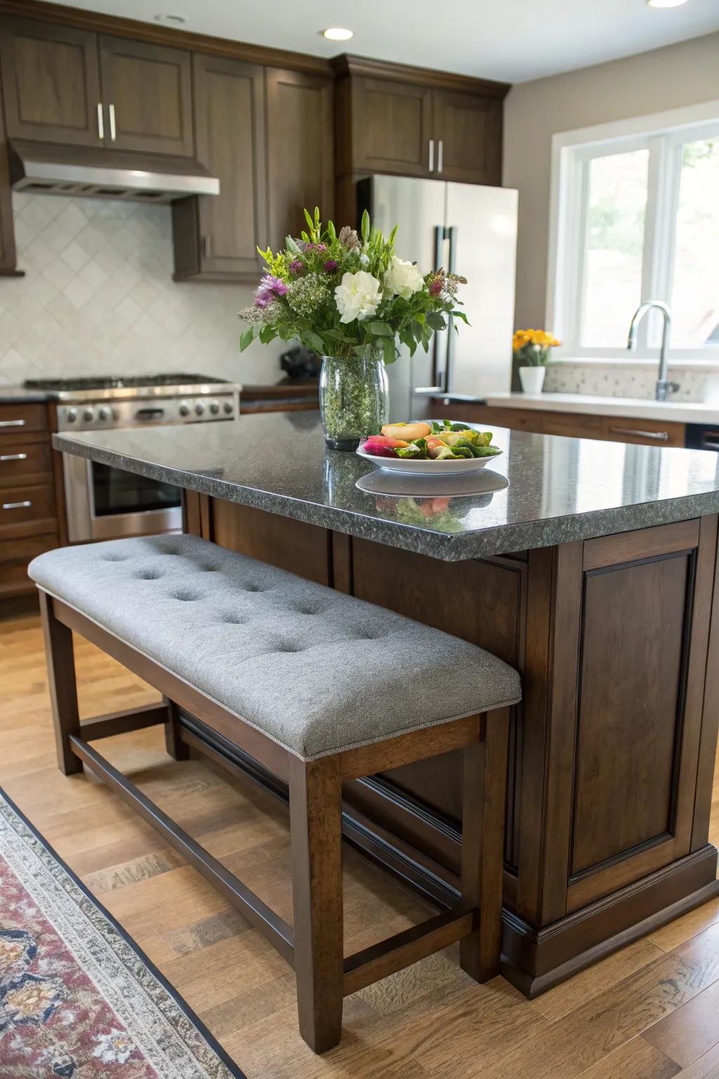 A bench offers casual and relaxed seating for your kitchen island.