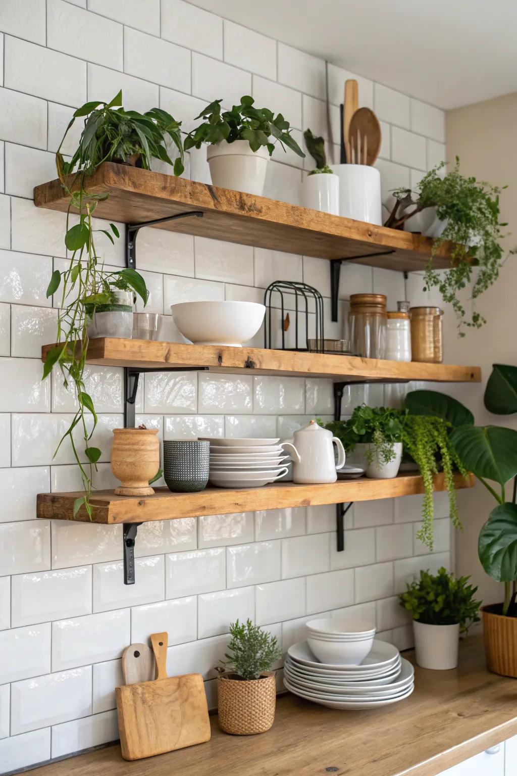 Live-edge floating shelves introduce organic elegance to your kitchen space.