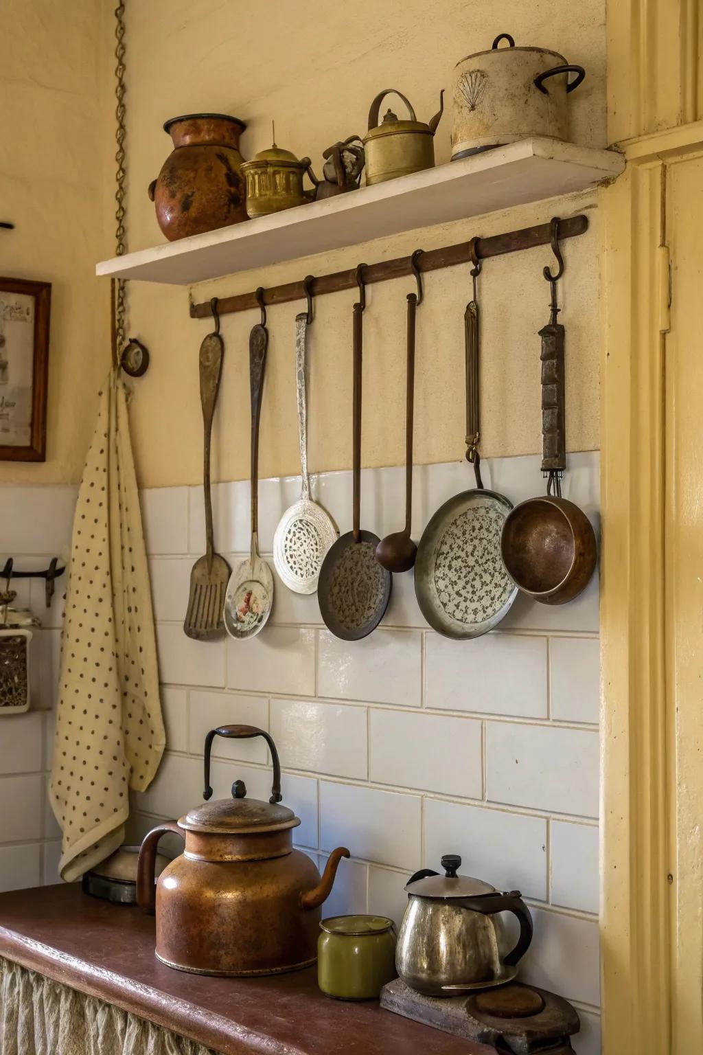 A kitchen wall featuring a charming display of vintage utensils.