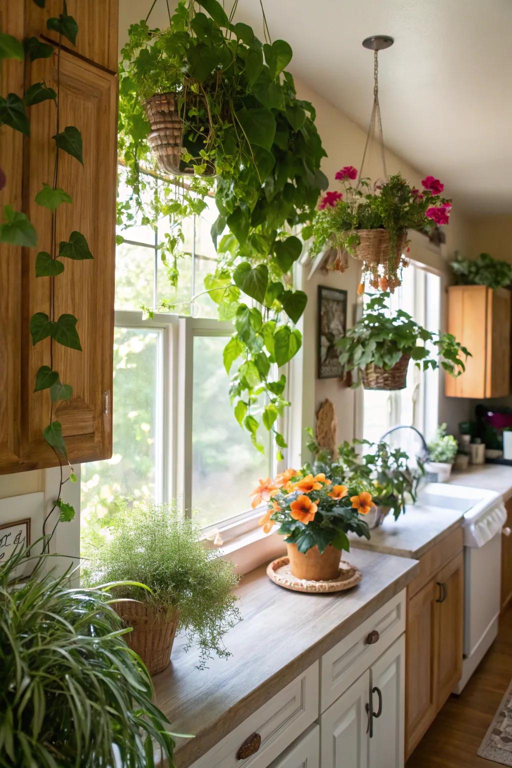 Plants around the window add life and a natural touch to kitchens.