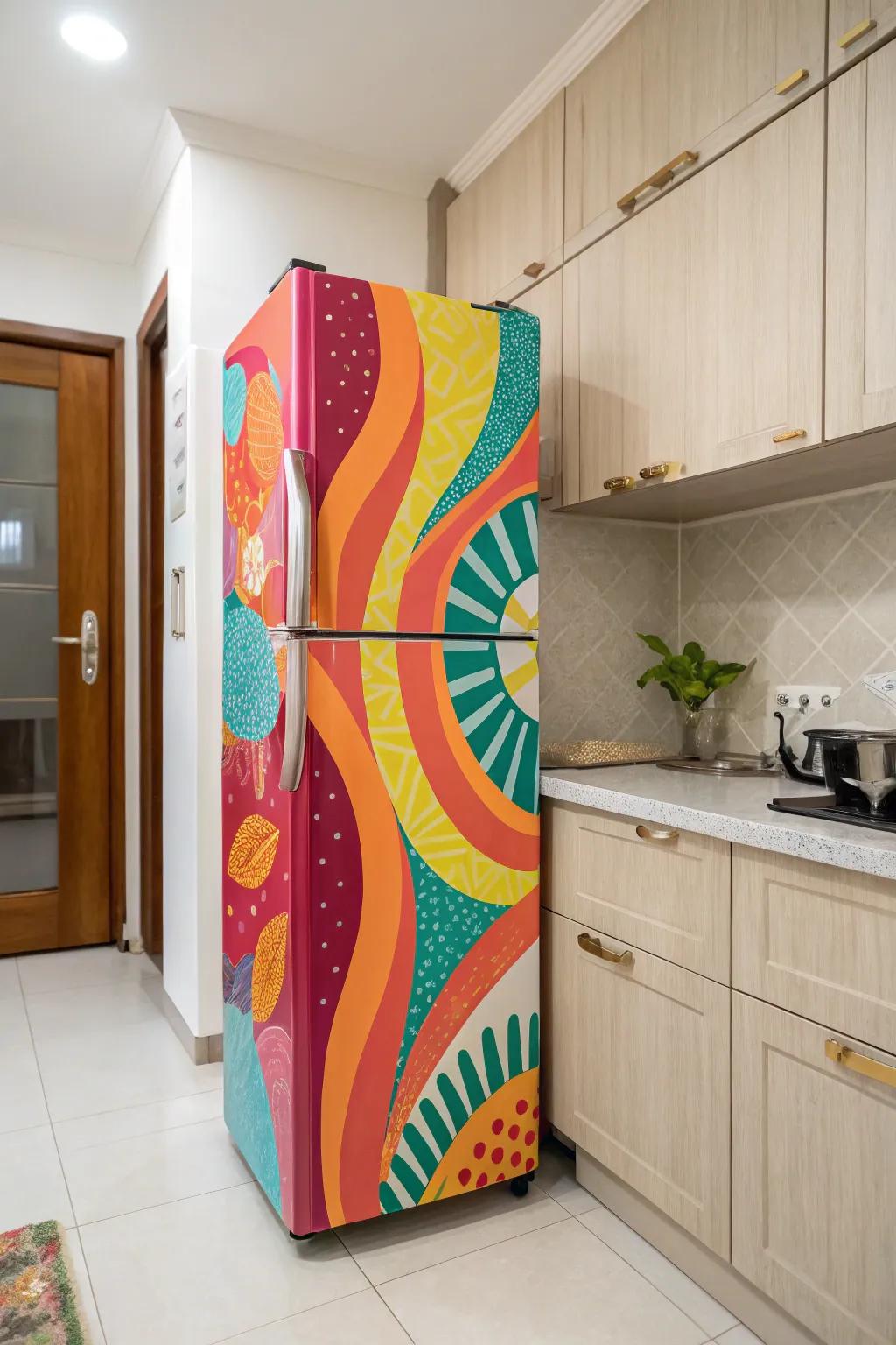 A colorful fridge serving as the focal point in a neutral kitchen setting.