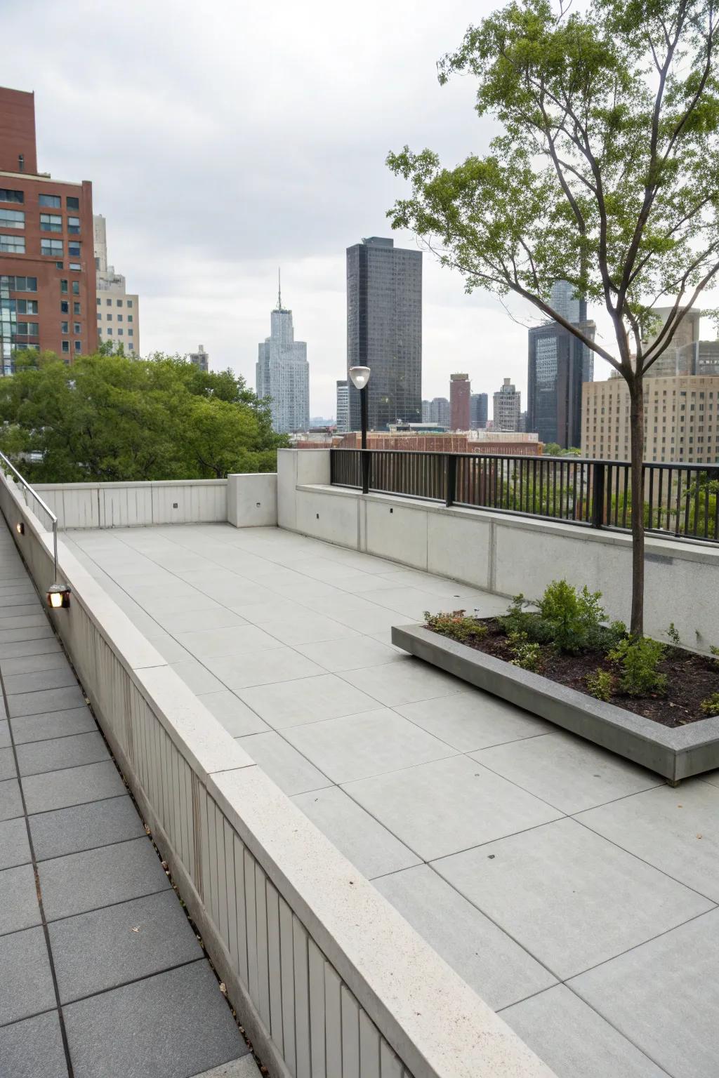 Concrete skirting provides an industrial chic look to this urban deck.