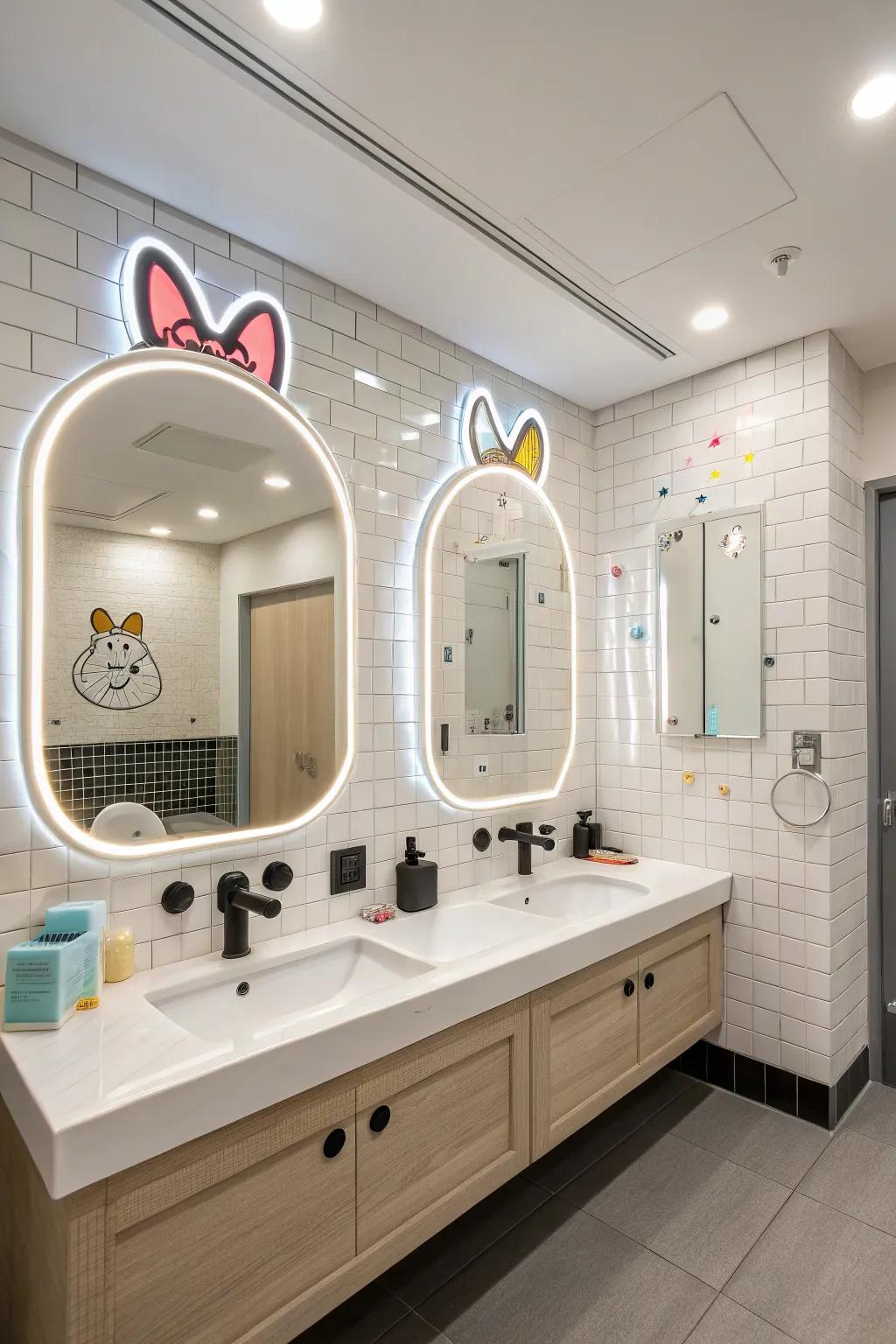 A playful bathroom design featuring custom-shaped LED mirrors.
