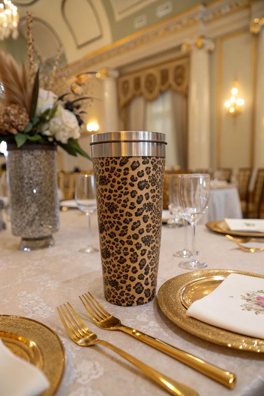 Leopard print meets luxury with metallic accents for a glamorous touch.