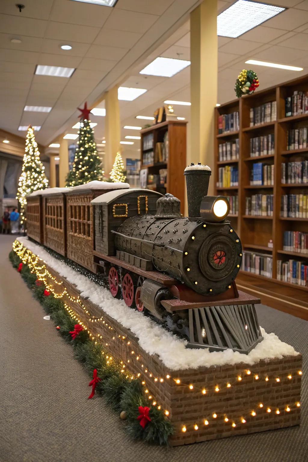 Delight in the nostalgia of a Polar Express train display.
