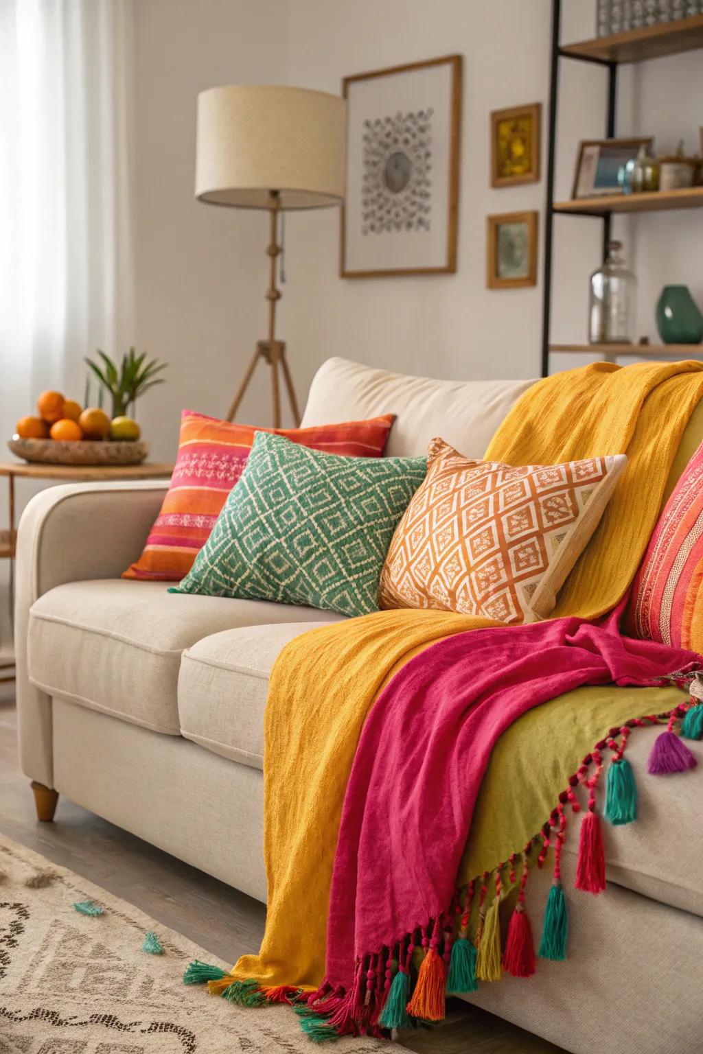 Neutral couch with colorful accents.