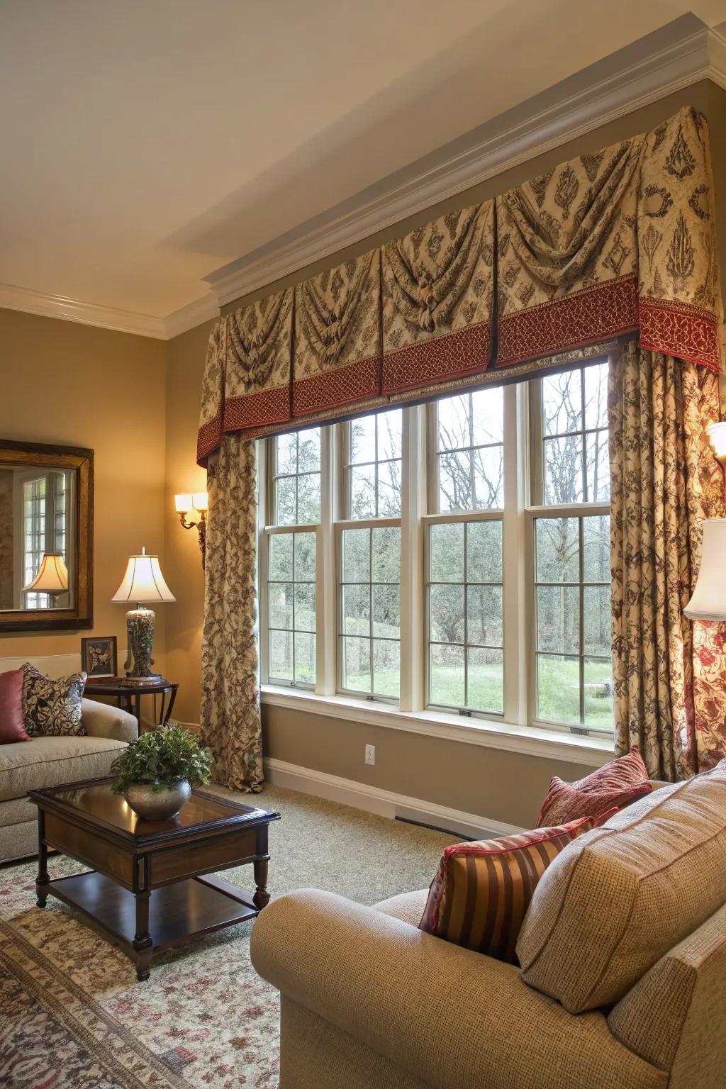 Patterned valances add an elegant frame to your windows.