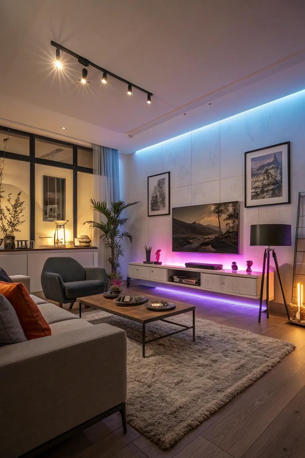 Smart lighting adds versatility and control to the living room environment.