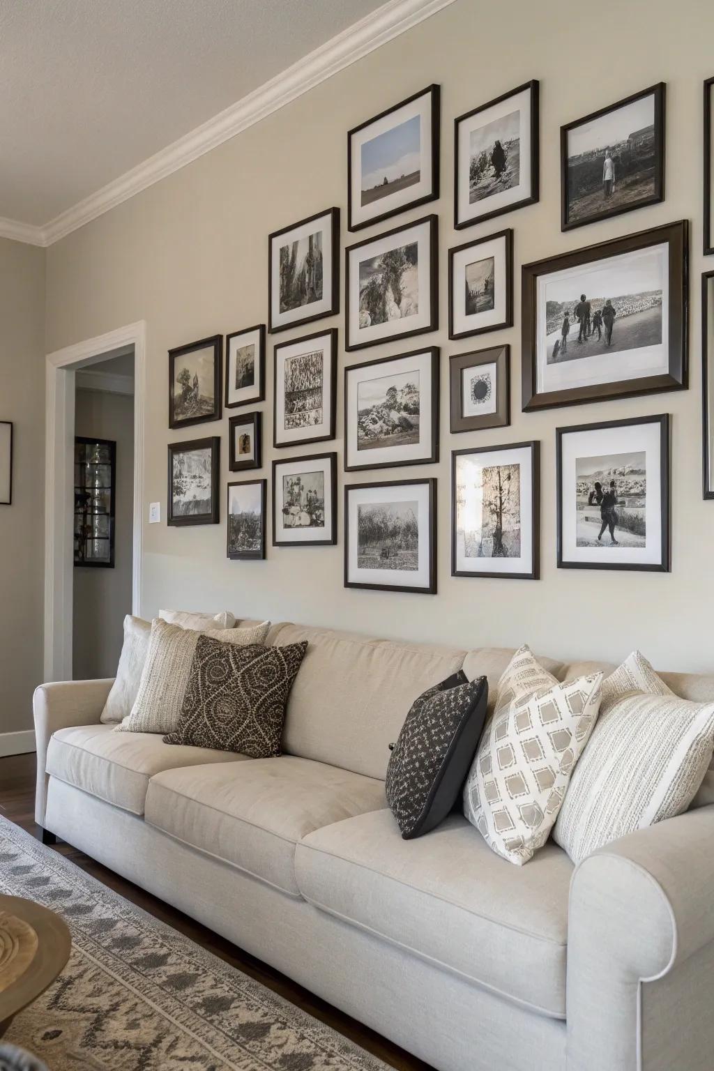 Create a timeless look with a black and white themed photo wall.