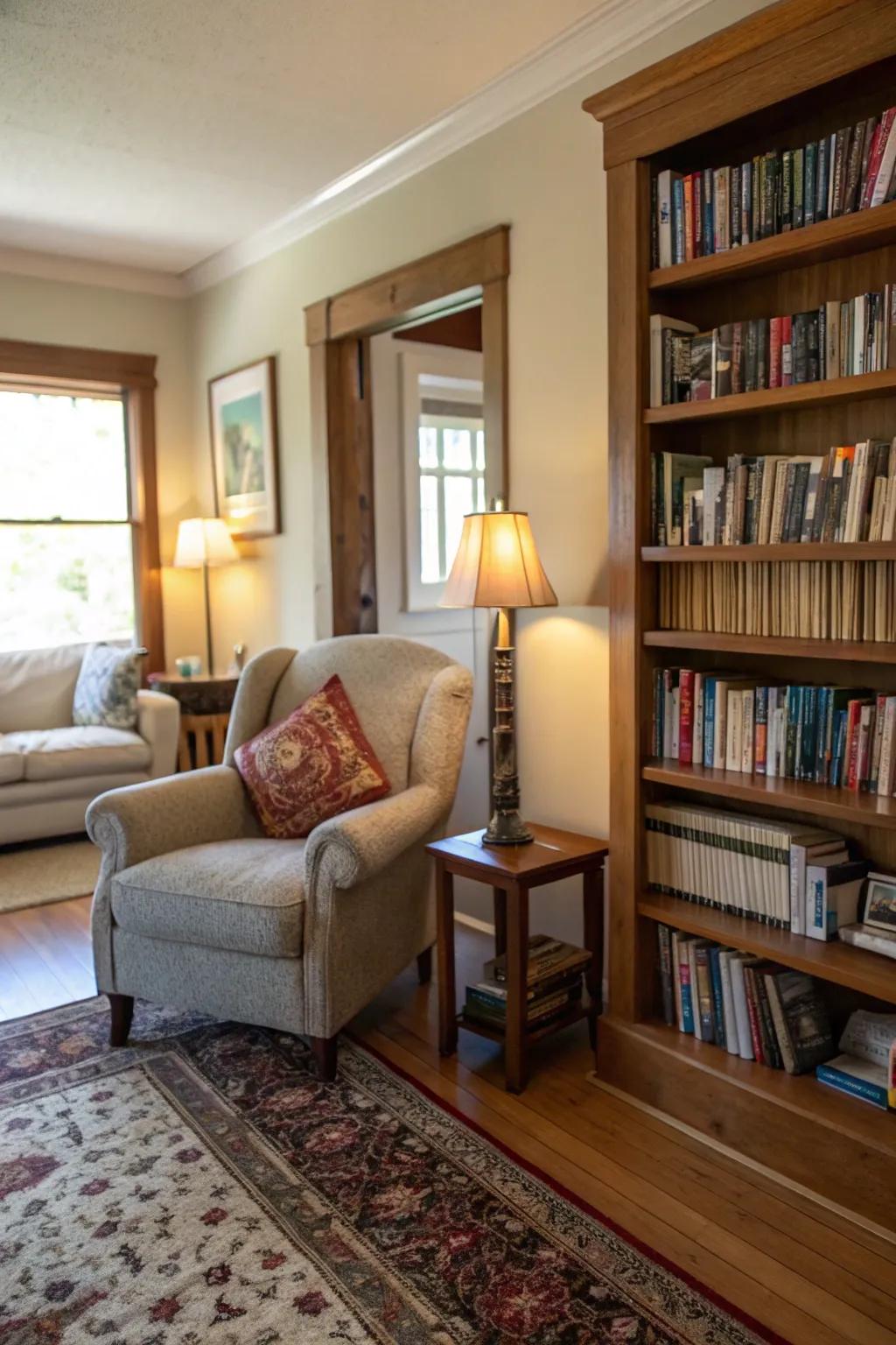 A cozy reading nook in a living room.