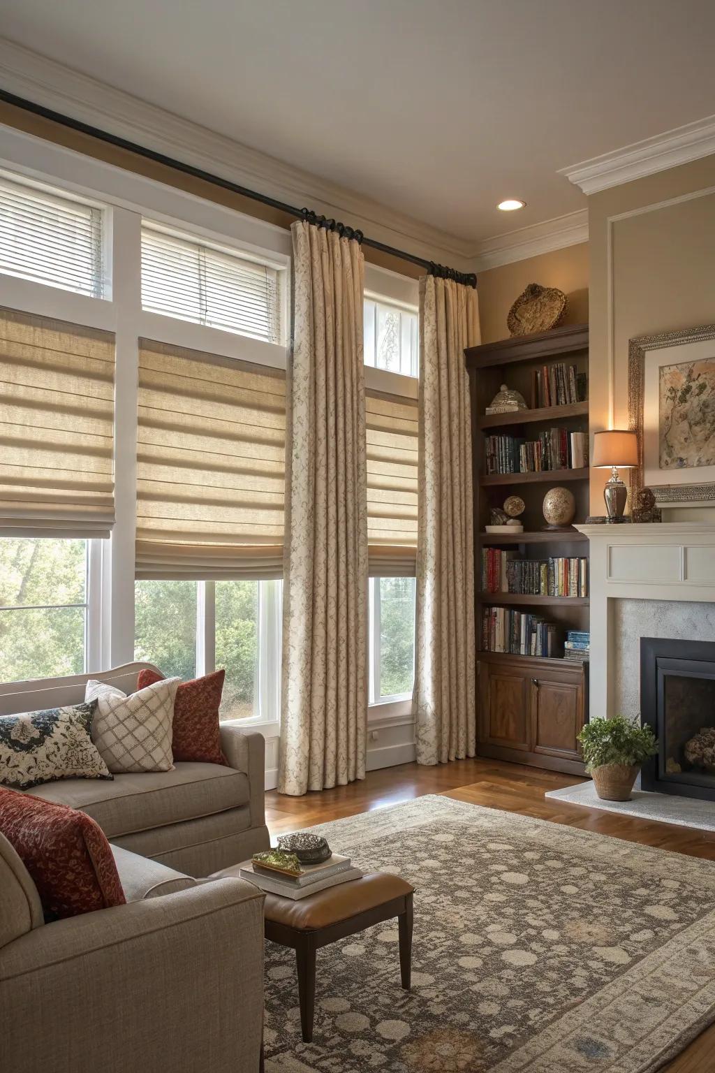 Layered window treatments adding depth and versatility.