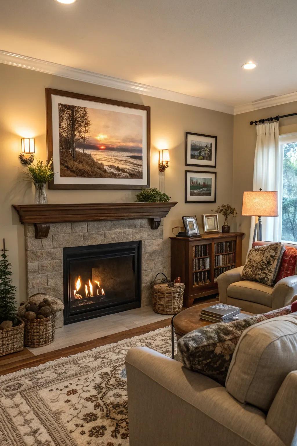 A living room featuring a personal touch with a large photograph above the fireplace.