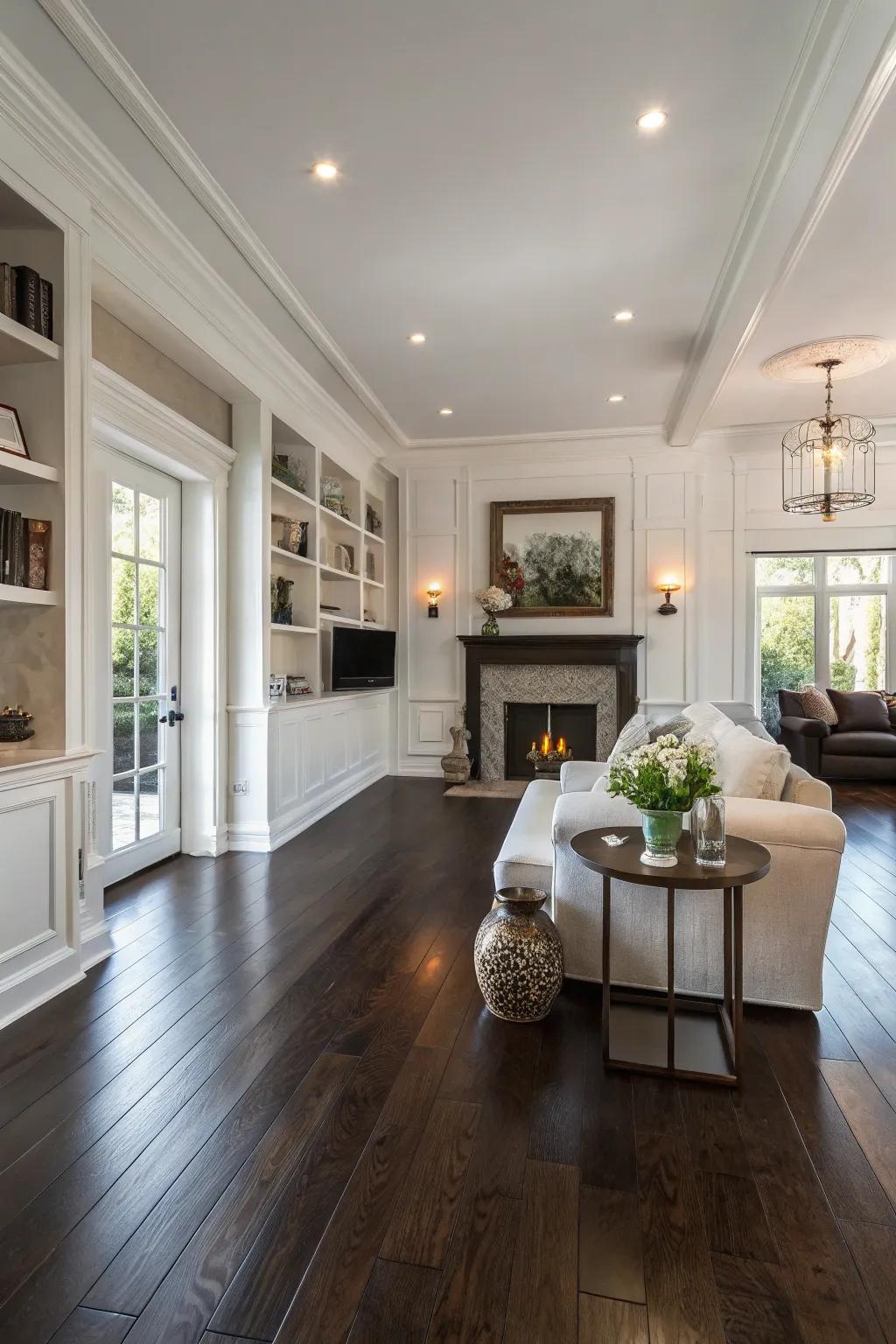 White surroundings create a light and airy contrast with dark floors.