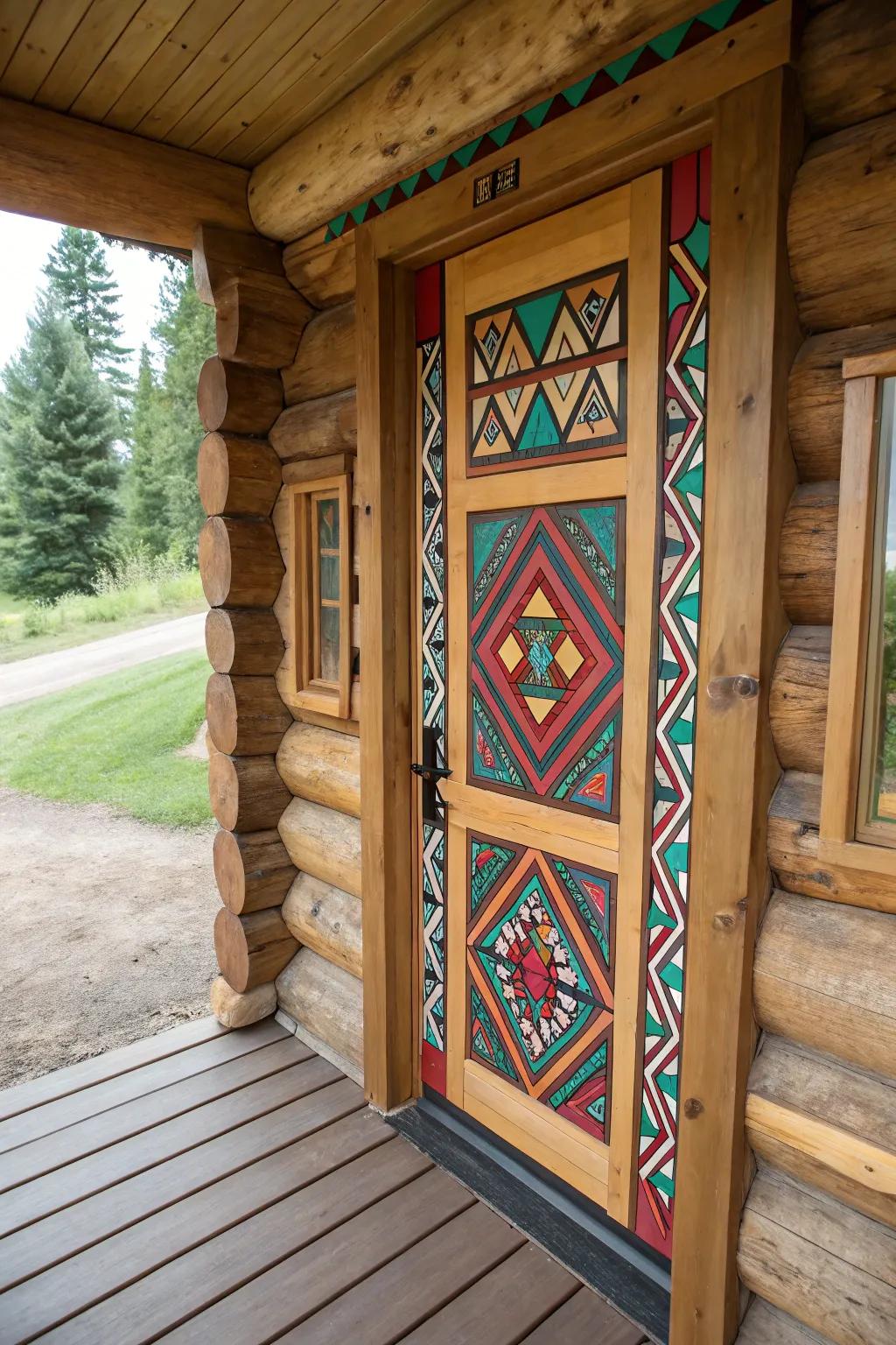 A log cabin door featuring bold geometric designs.