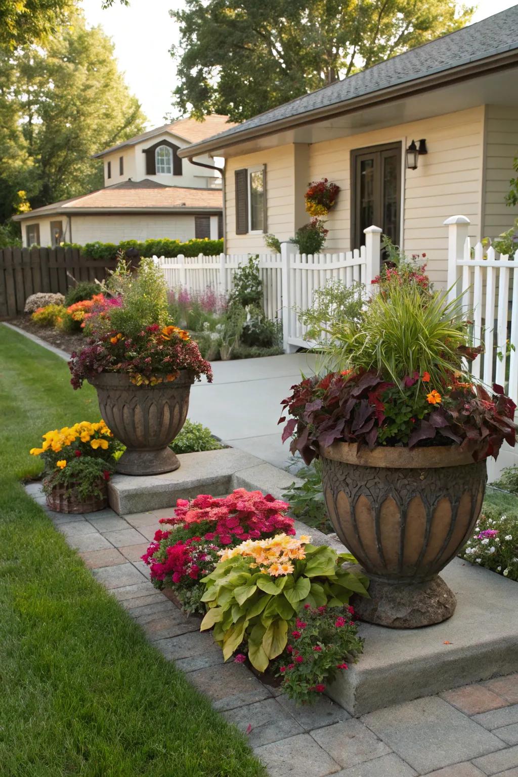 Large planters simplifying plant care and arrangement.