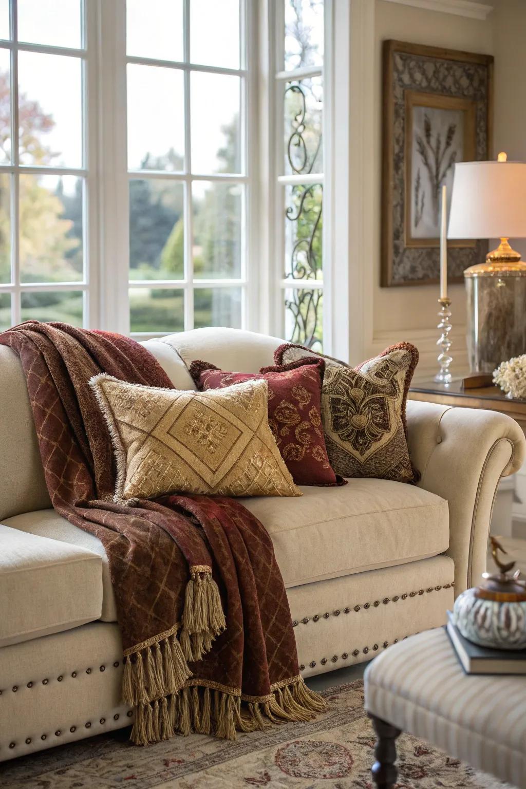 Luxurious throws and pillows blend comfort with sophistication.