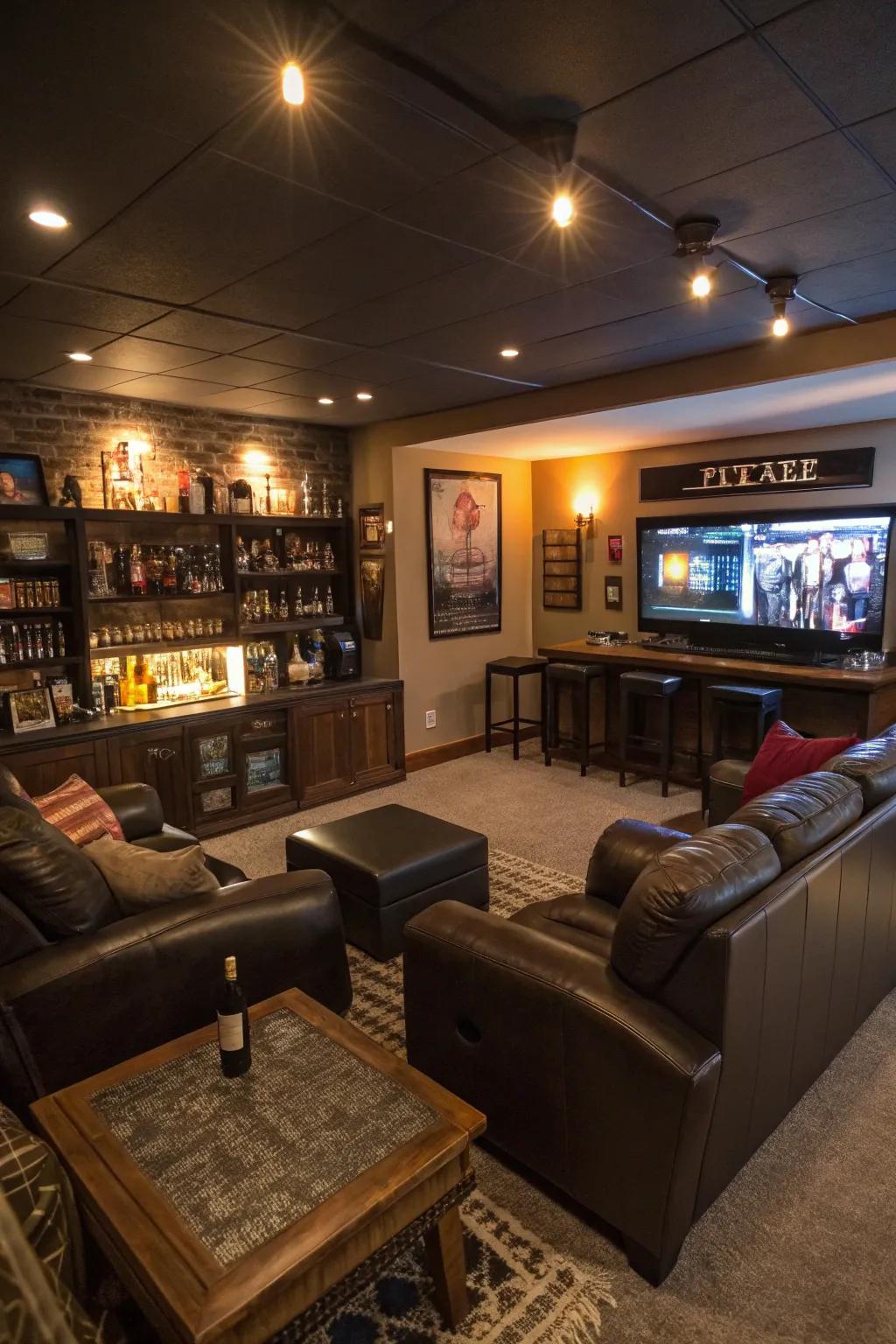 Ambient and task lighting create a versatile man cave environment.