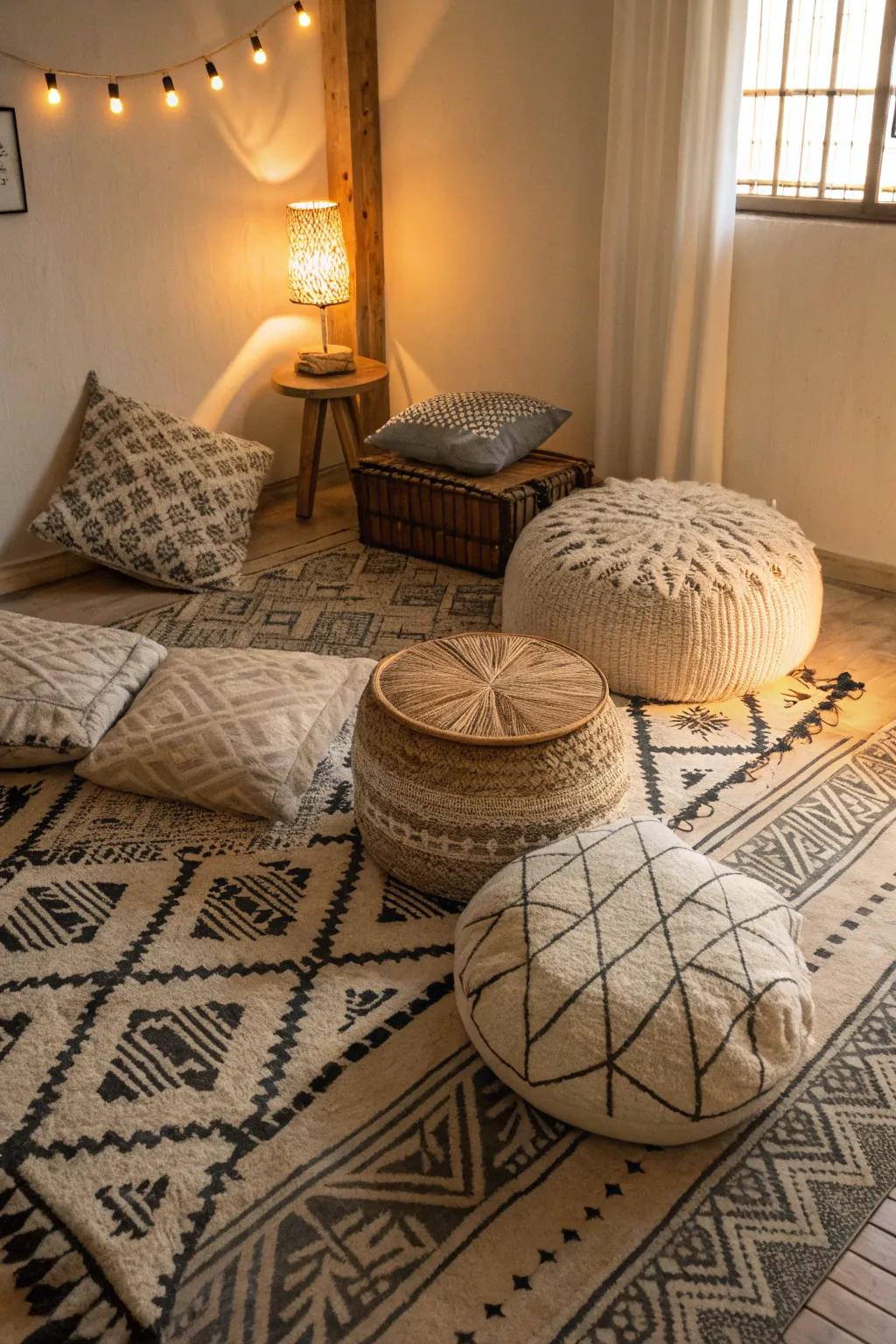 Geometric patterns add dynamic visual interest to the den.