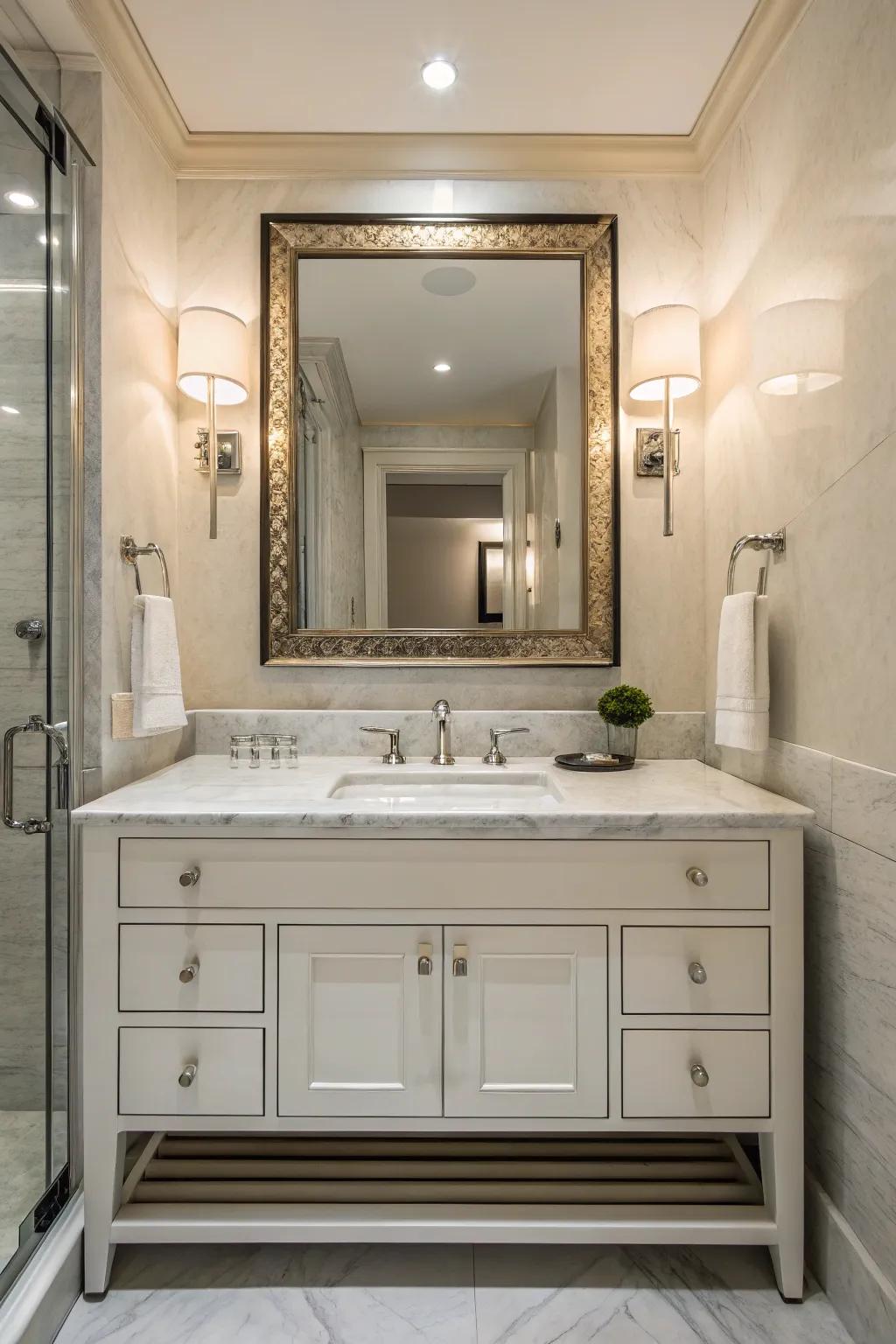 A bathroom featuring a custom-designed mirror above the vanity.