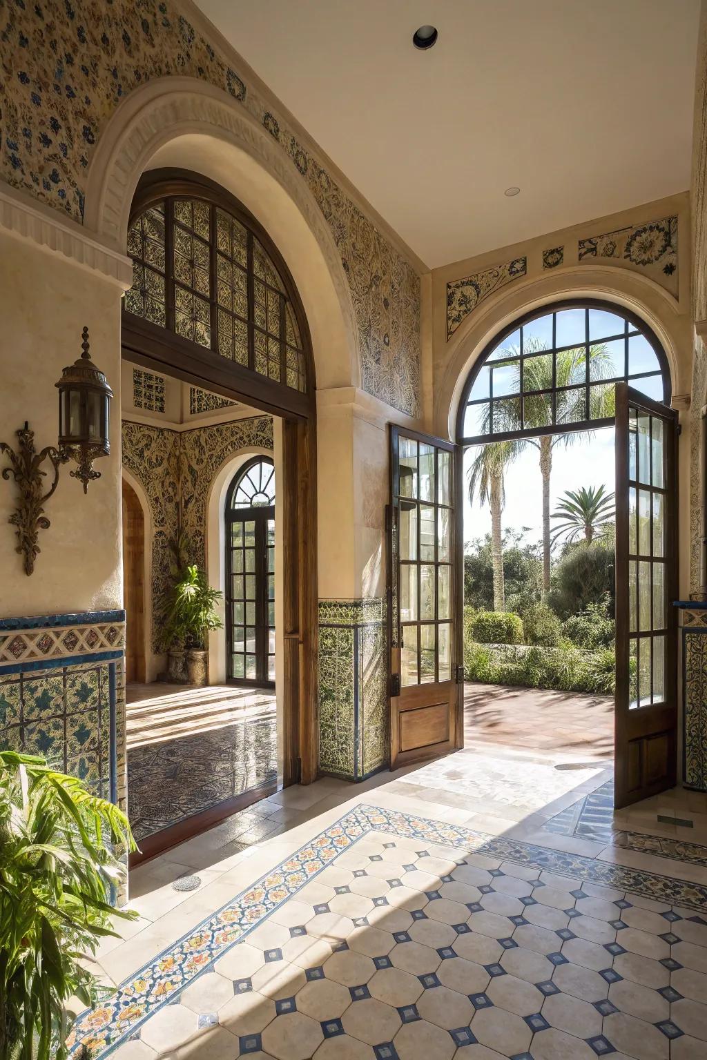 An open layout in a Mediterranean entryway enhances the flow of light and space.