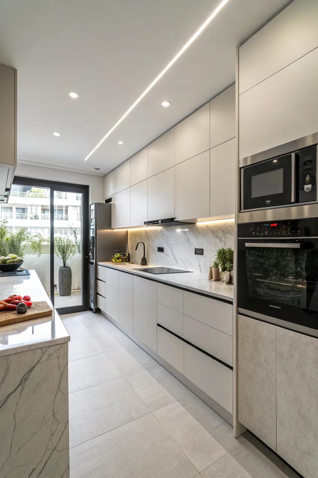 Smart technology enhancing convenience in a minimalist kitchen.