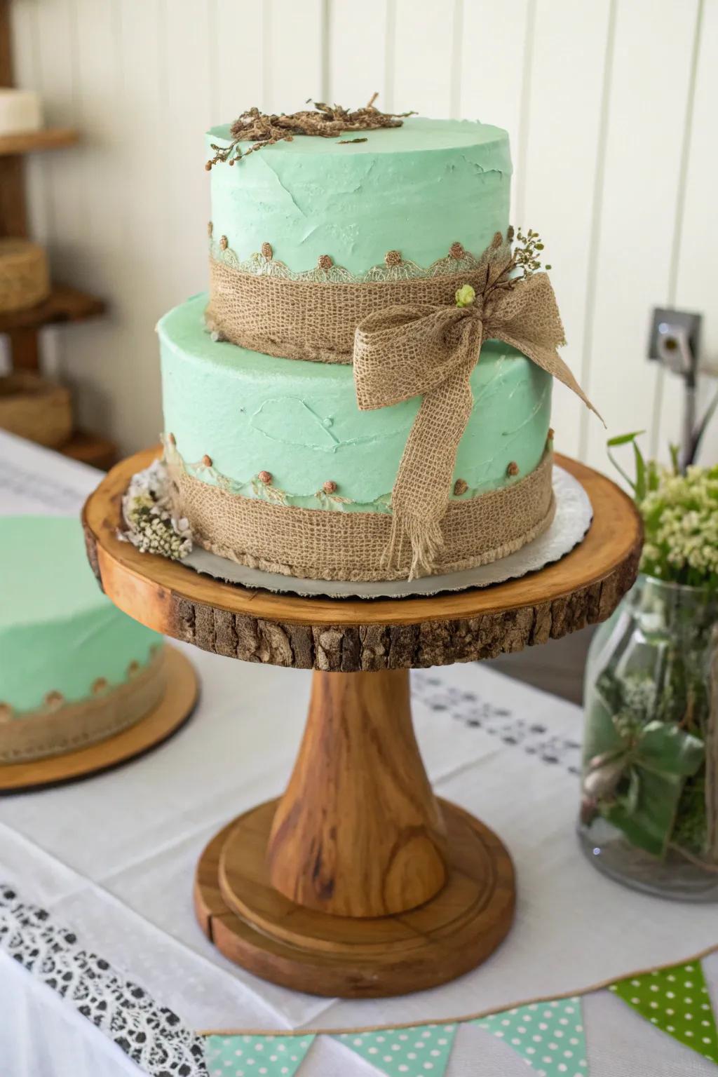 A mint green cake with rustic elegance and charm.