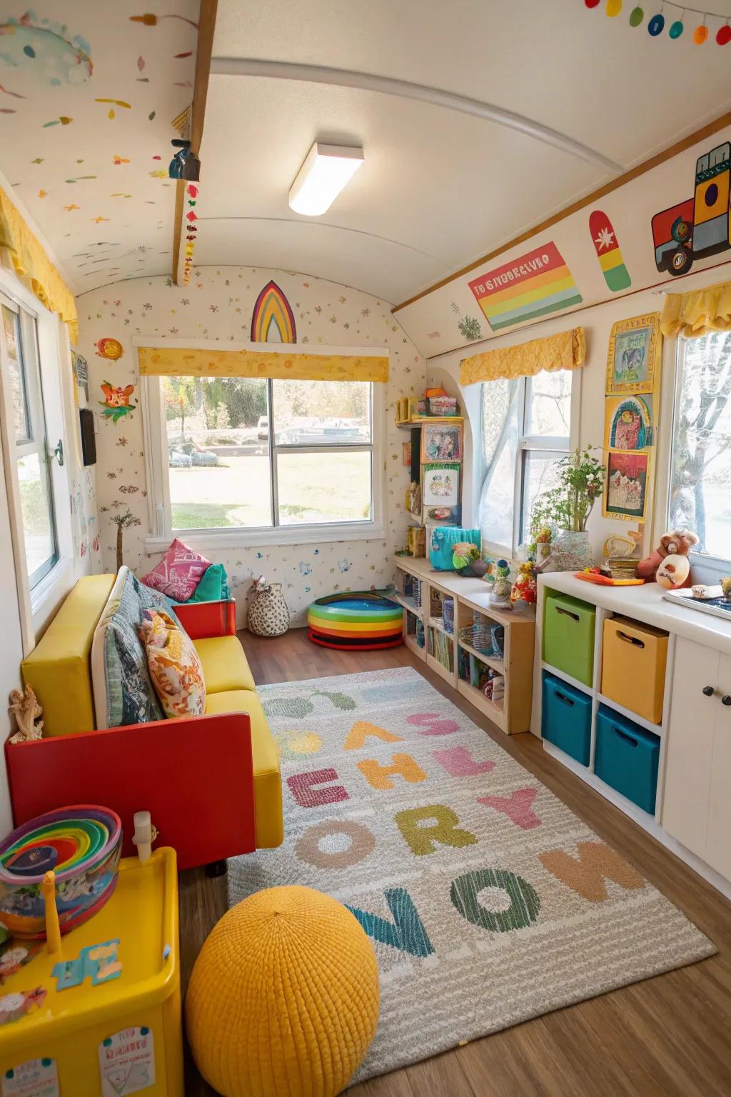 A vibrant children's playroom with toys and colorful decor, creating a playful environment.