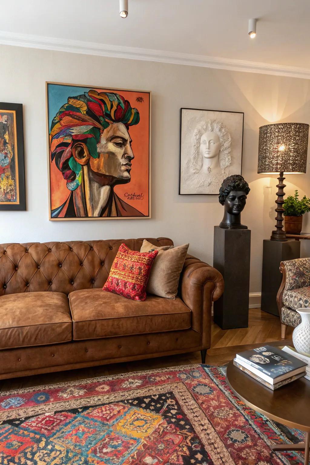 Artistic elements turn the mocha couch area into a personal gallery.