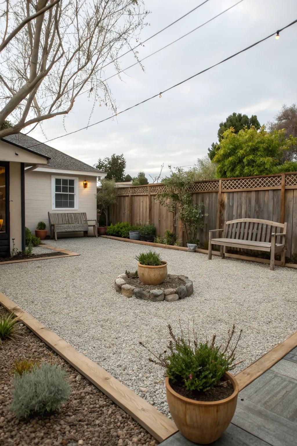 A charming pea gravel patio creating a cozy backyard space.