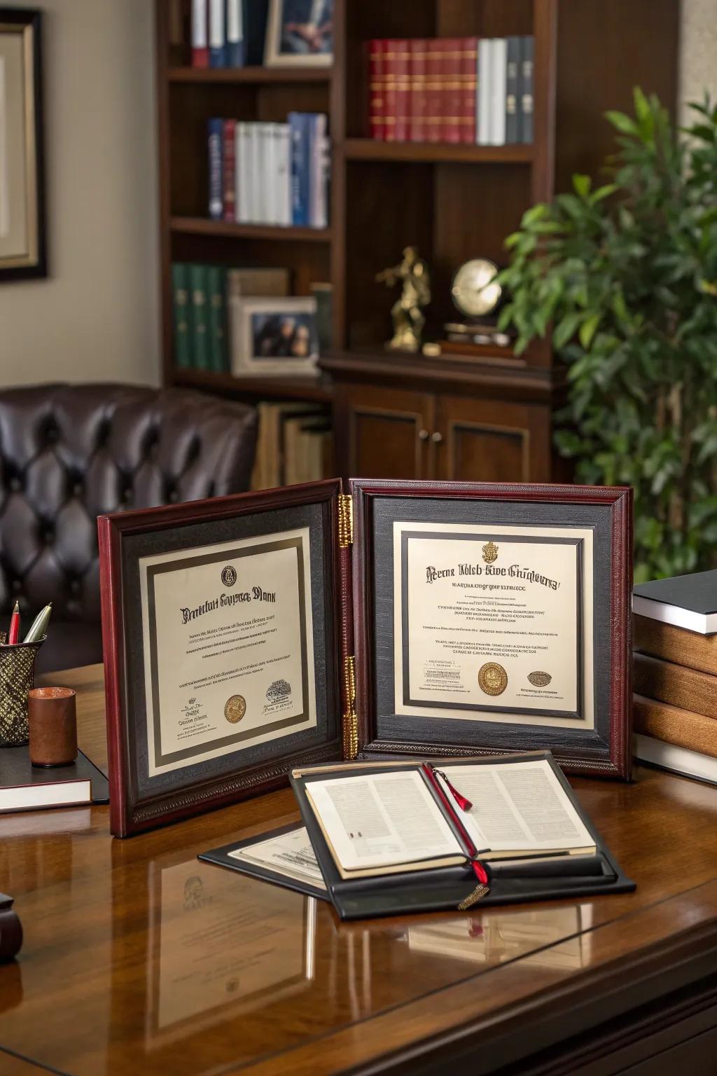 Display multiple degrees with a frame that keeps your achievements stylishly organized.