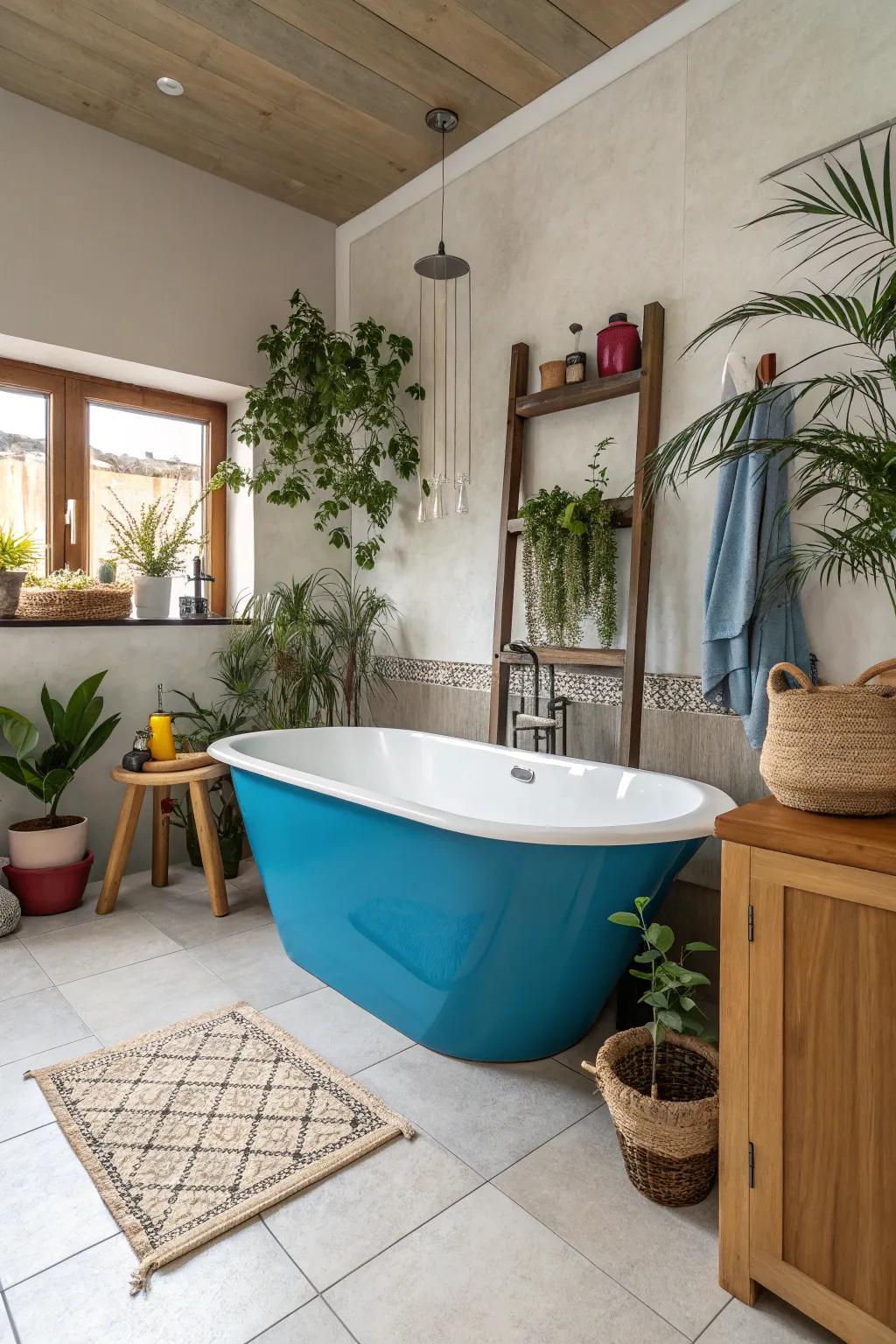 A colored bathtub adds a surprising focal point to this bathroom.