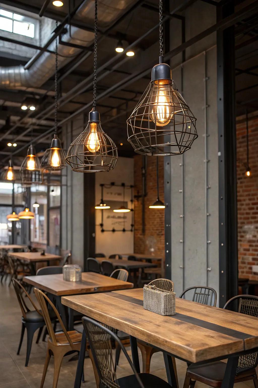 Industrial cage pendants add an edgy touch.