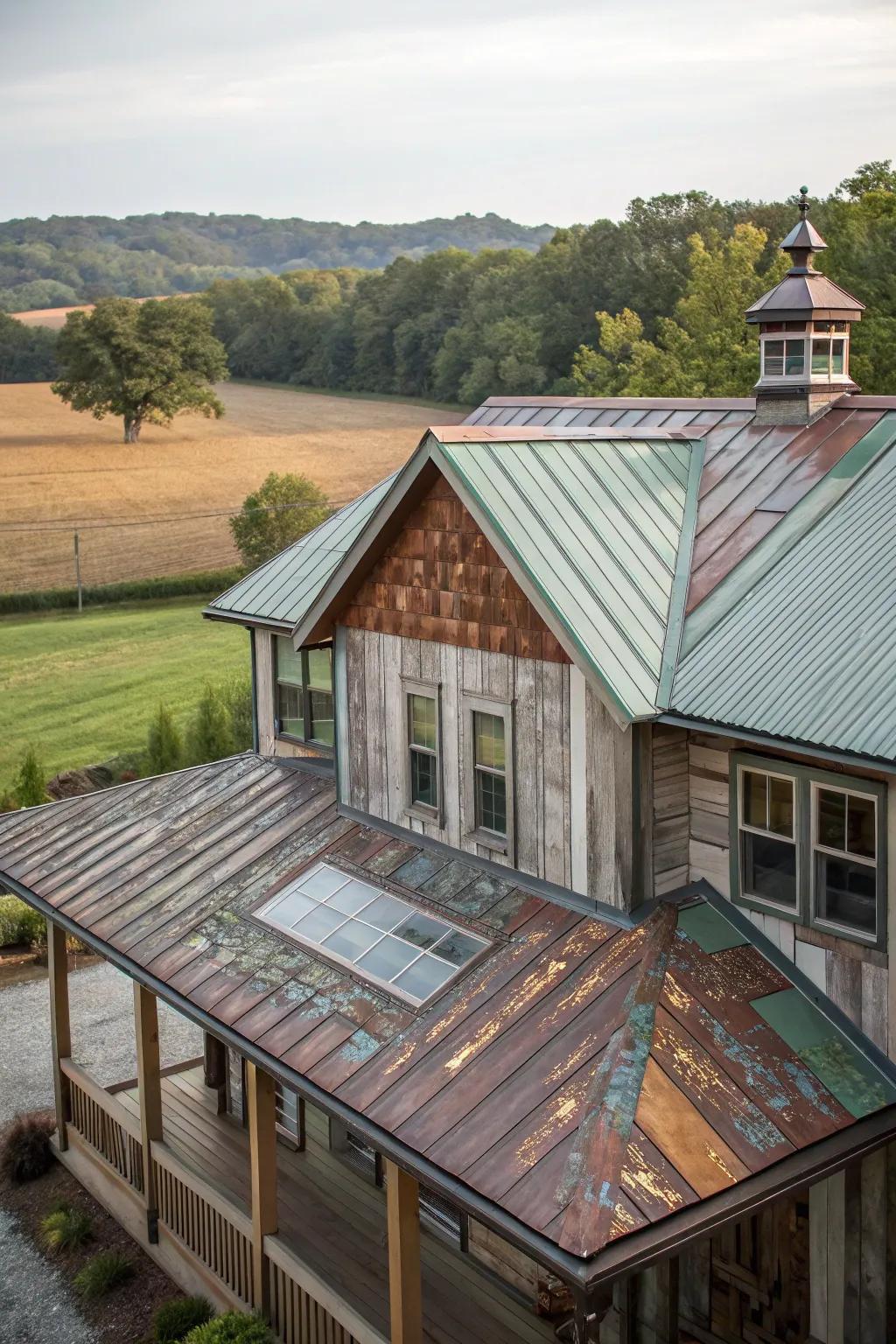 Creative textures: A farmhouse with a mixed-material metal roof.