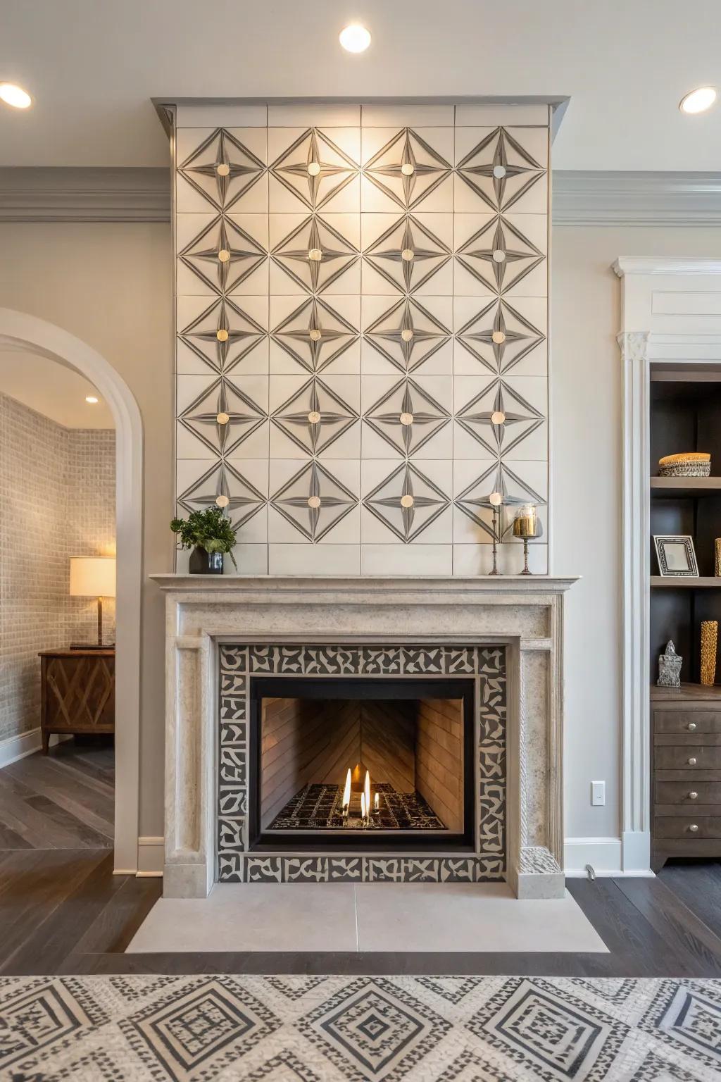 Fireplace featuring architectural geometric tile design.