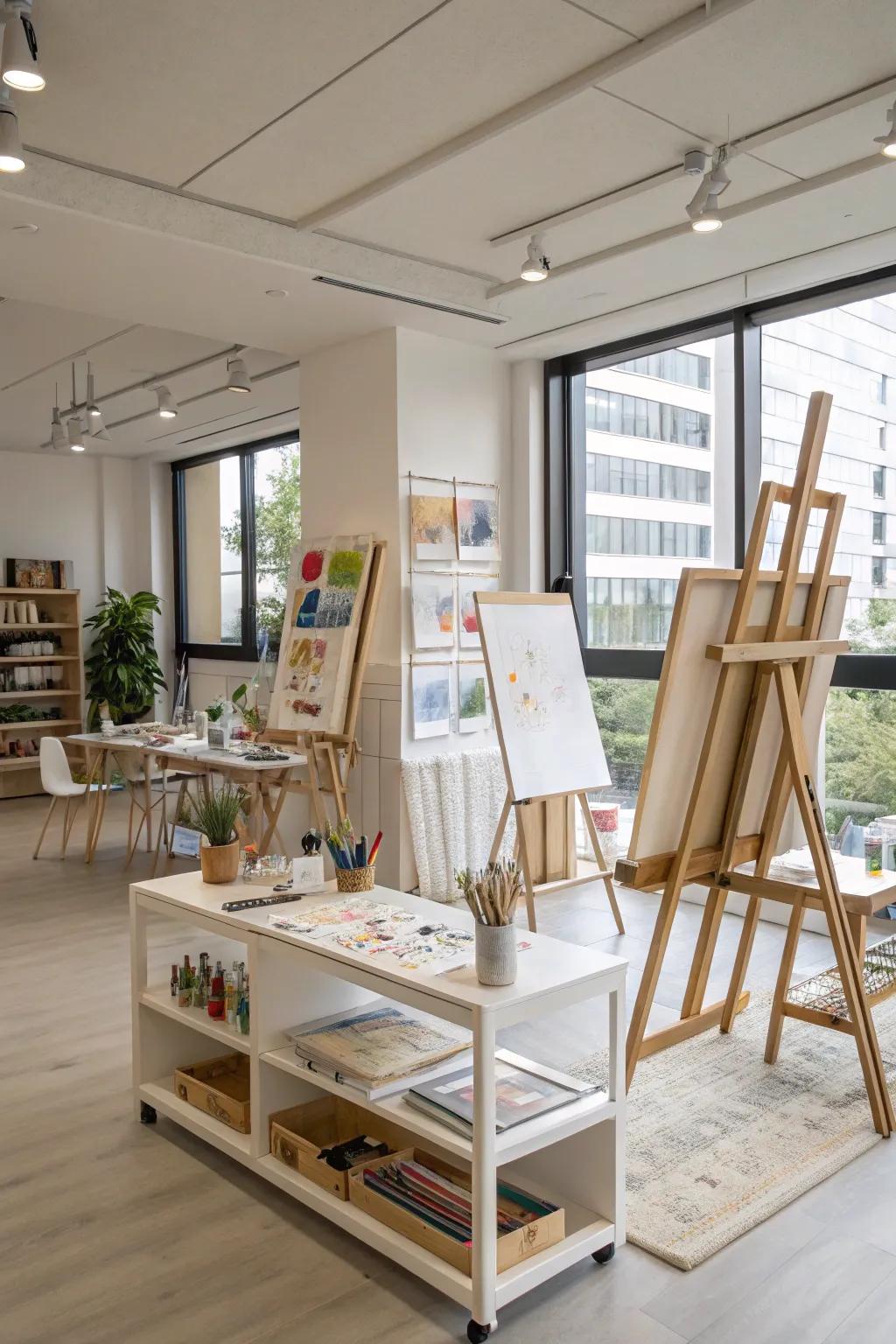 An inspiring art studio within a modern flex room.