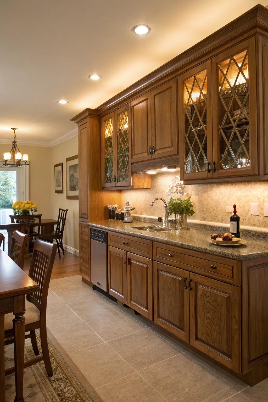 Under-cabinet lighting highlights the beauty of oak cabinets and adds warmth.