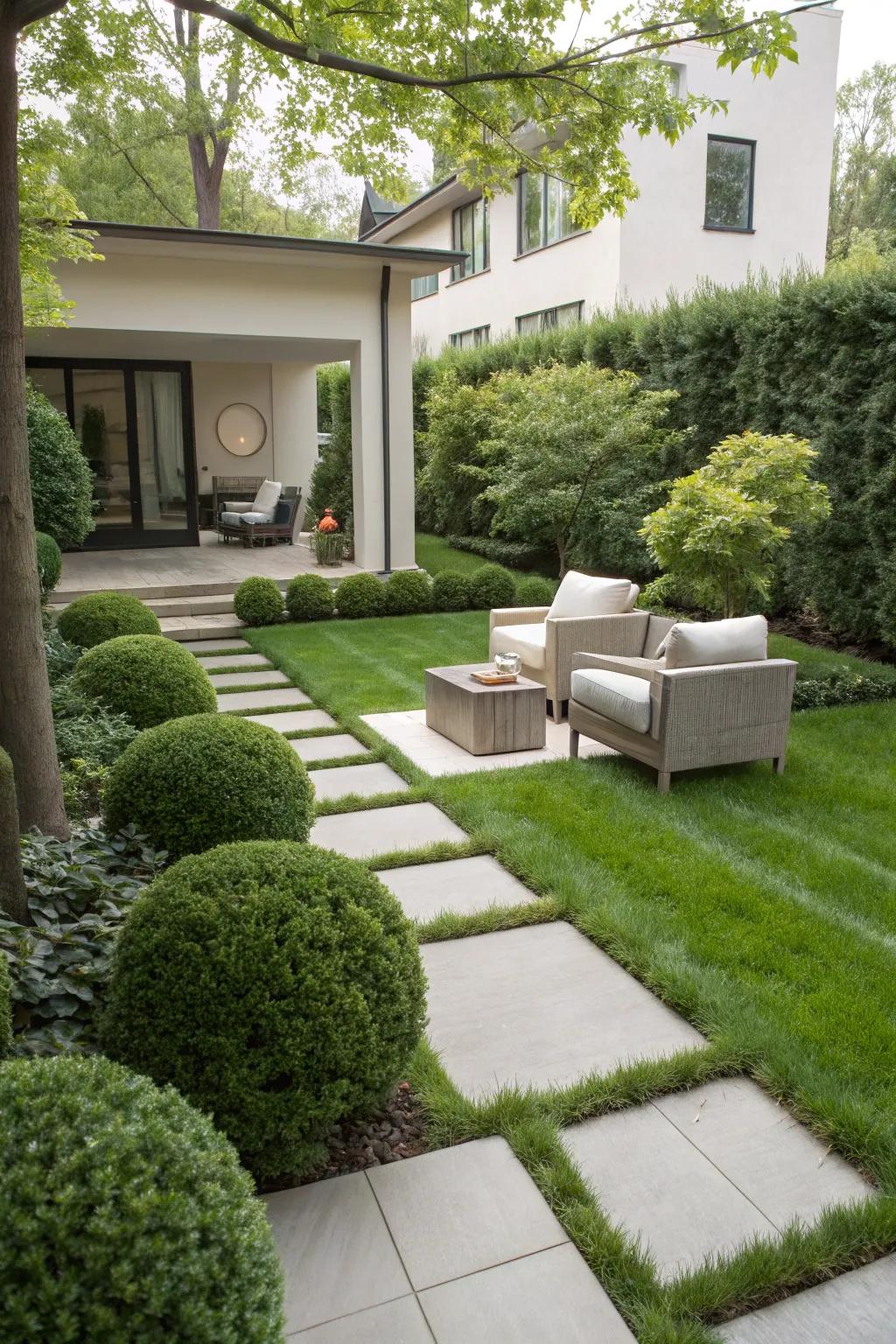 A discreet seating area with modern furniture in a front yard.