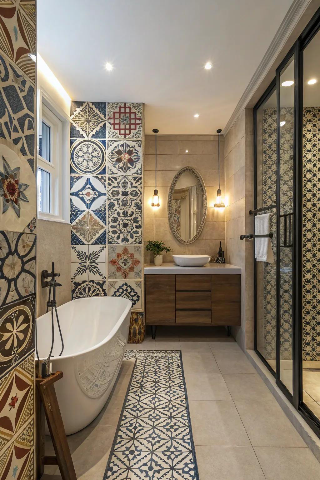 Unique tile patterns add a personalized touch to this bathroom.