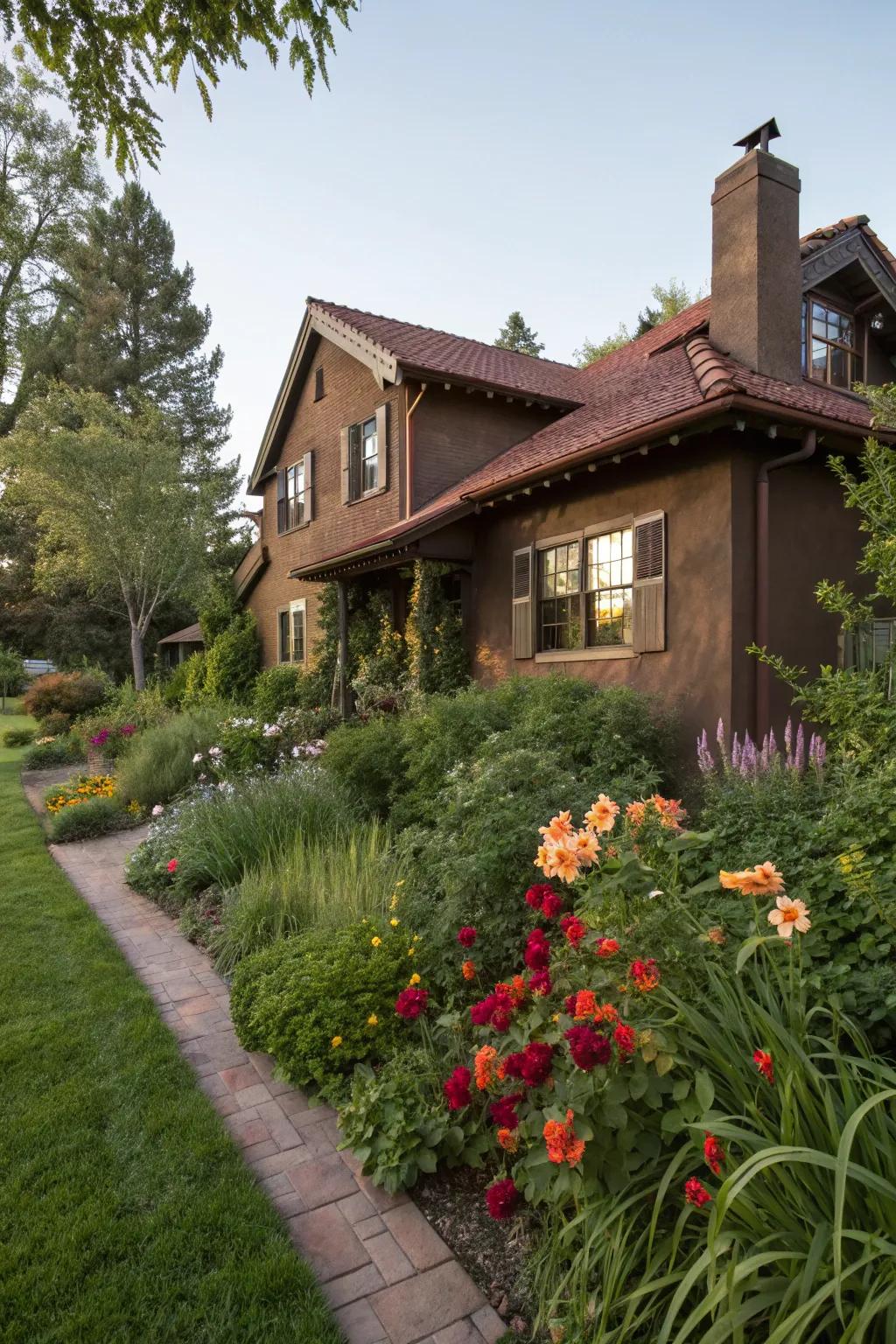Rich chocolate brown stucco home with lush surroundings.
