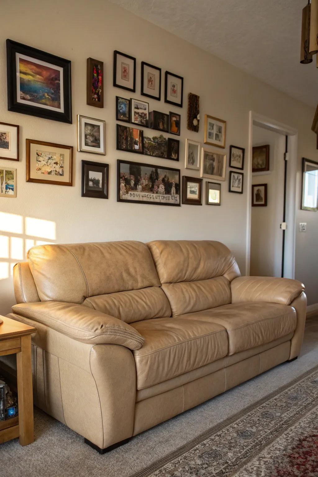 A gallery wall adds a personal touch to a living room with a tan leather sofa.