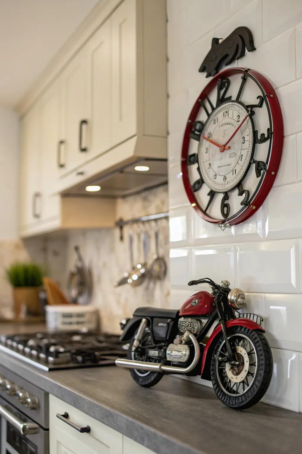 A stylish wall clock with a motorcycle theme.