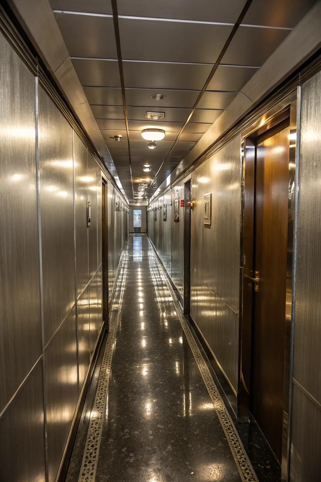 Reflective surfaces can brighten and expand your hallway.