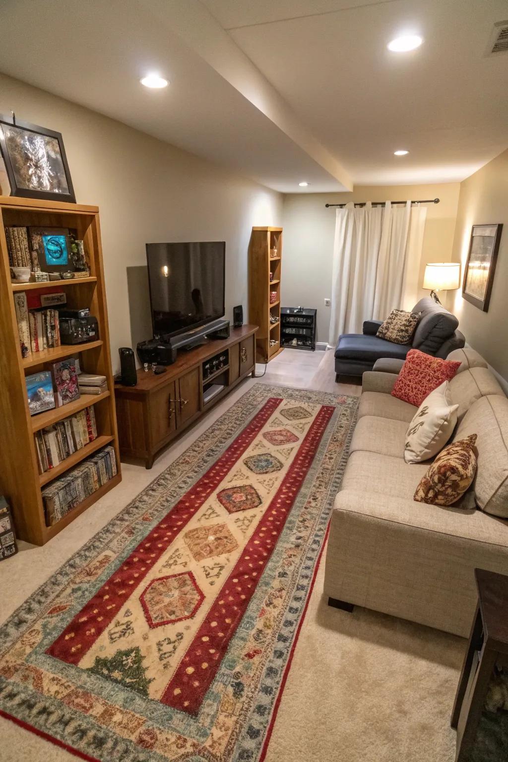 Functional zones enhancing versatility in a narrow living room.