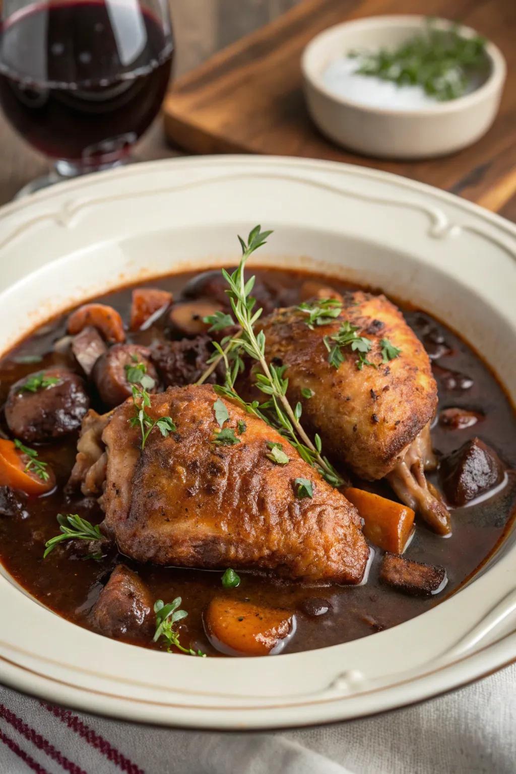 Elegant Coq au Vin for a sophisticated New Year's Eve dinner.