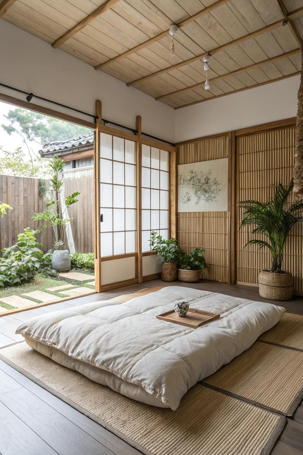 A Zen-inspired bedroom encourages peace and tranquility.