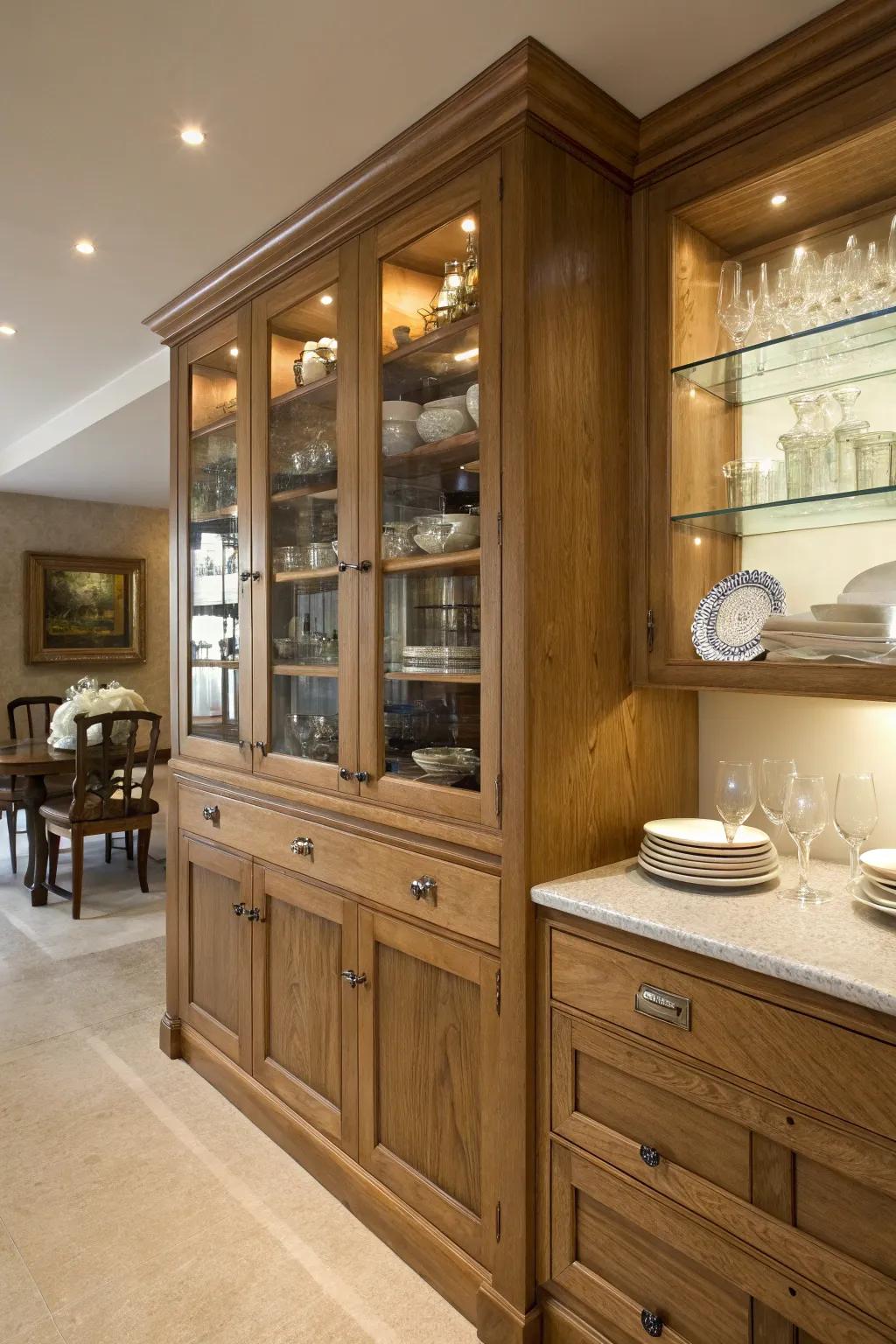 Glass cabinet doors add elegance to oak kitchens.